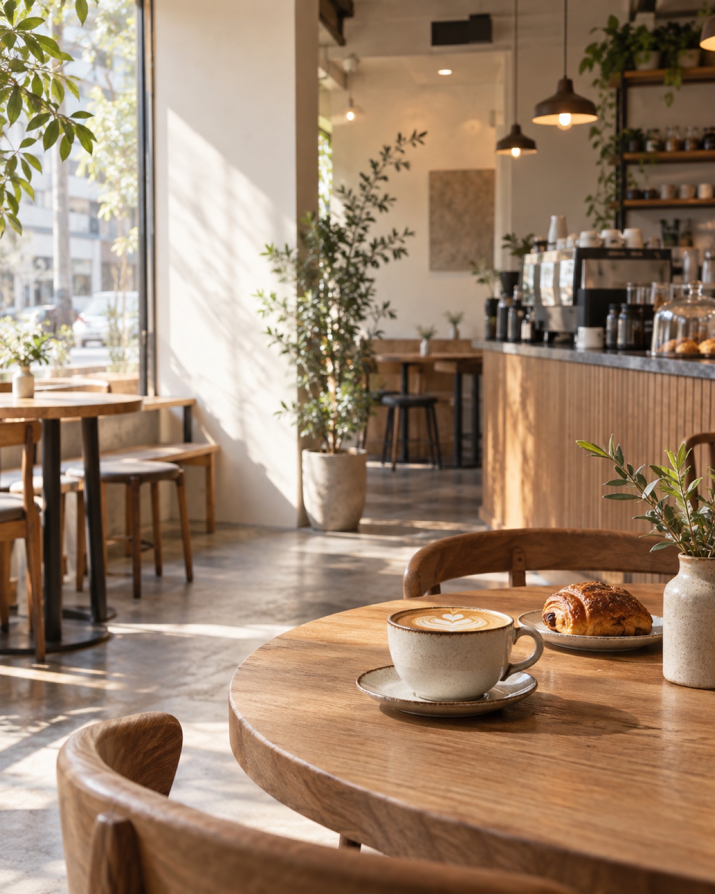 木のテーブルと植物に朝の光が差し込む、モダンで温かなカフェ店内